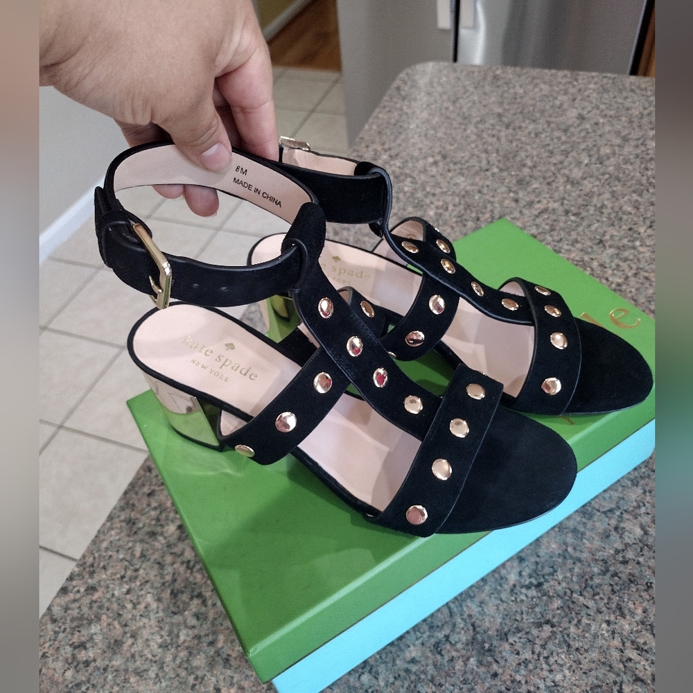 NWT Kate Spade Oakwood City Studded Suede & Gold Wedge Chunky Heel Sandal - Picture 2 of 9